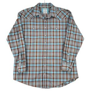 Panhandle Rough‎ Stock Men's Plaid Snap Button Western Shirt XXL Blue Brown